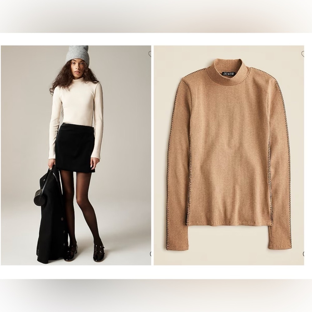 NEW J. Crew Women's XL Caramel Tan Cotton Premium Rib Whipstitch Turtleneck Top‎